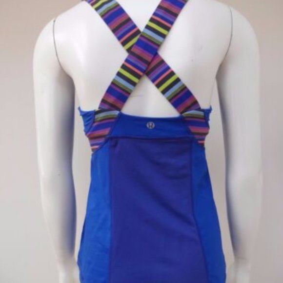 LULULEMON ATHLETIC BRIGHT BLUE MULTI-COLOR STRAPS SLEEVELESS MESH BACK TOP 8 - Picture 2 of 5